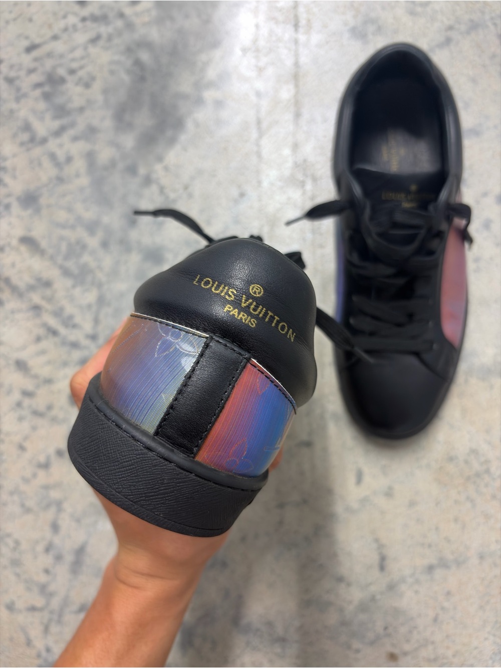 Louis Vuitton Black Leather Low-Top Sneakers with Iridescent Panels - Picture 6 of 8